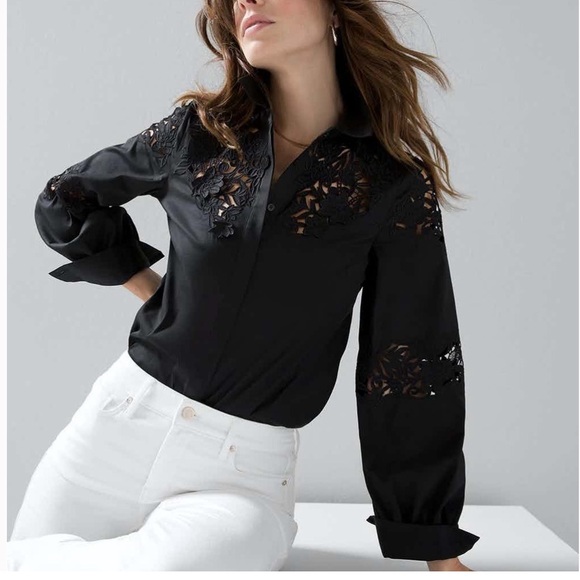 White House Black Market Tops - WHBM BLACK EMBROIDERED POPLIN SHIRT